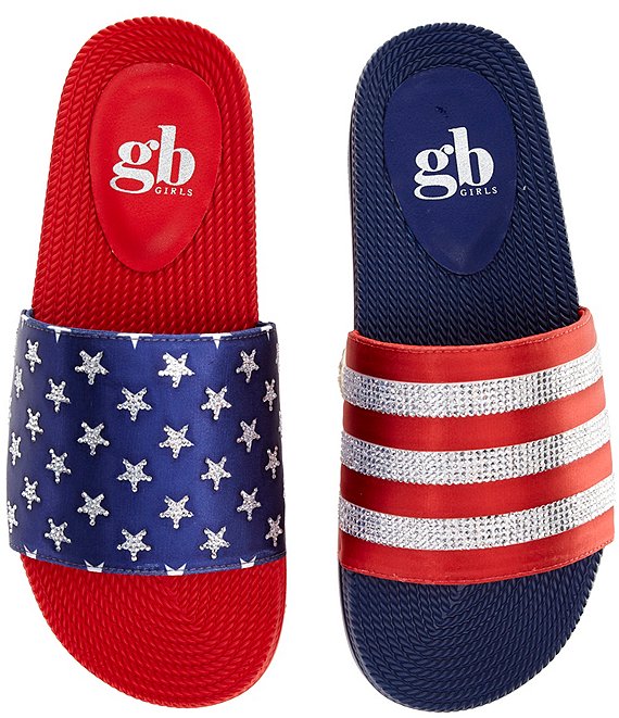 GB Girls' Starry American Flag Mismatch Stars and Stripe Slides (Youth)