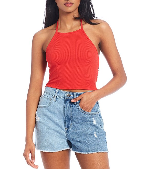 Color:Cherry - Image 1 - High Neck Ribbed Knit Smocked Back Cropped Halter Top