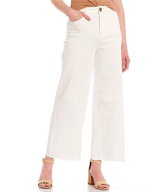 Color:White - Image 1 - High Rise Cropped Frayed Hem Straight Jeans