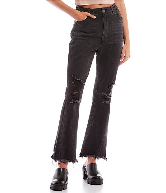 Color:Black - Image 1 - High Rise Raw Edge Flare Jeans