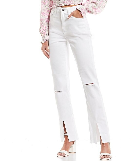 Color:White - Image 1 - High Rise Split Front Distressed Straight Leg Jeans