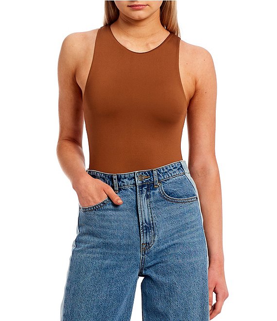 Color:Brown - Image 1 - Knit High Neck Sleeveless Bodysuit