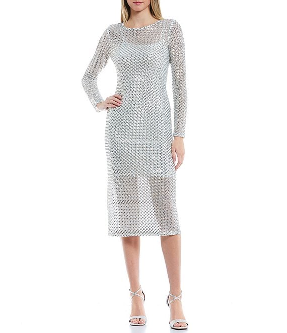 Color:Silver - Image 1 - Sequin Lattice Long Sleeve Midi Dress