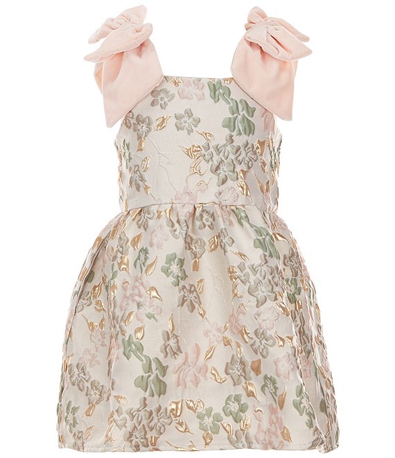 GB Little Girls Baroque Floral Bow Strap Dress, Floral Gold - Image 1