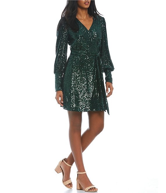 GB Long Blouson Sleeve Sequin Wrap Dress | Dillard's