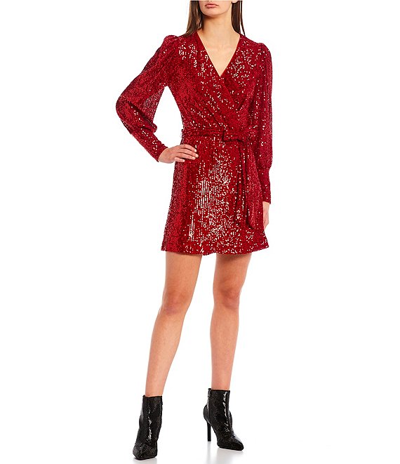 Color:Red - Image 1 - Long Blouson Sleeve Sequin Wrap Dress