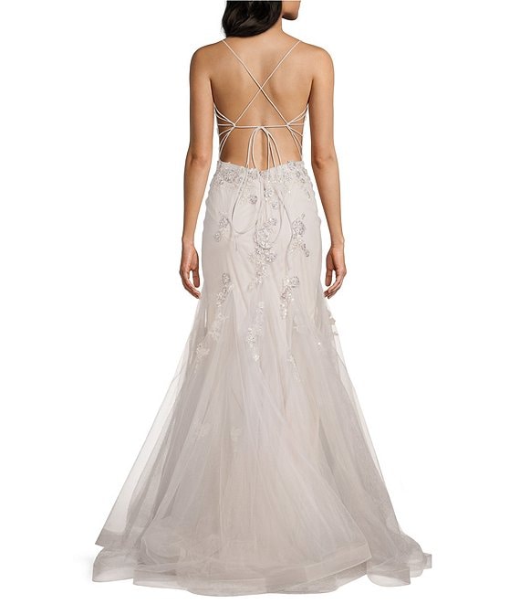 GB Mermaid Beaded Applique Lace Back Prom Dress, Womens, 1, Silver/Nude - Dillard's Exclusive GB Mermaid Beaded Applique Lace Back Prom Dress, Womens, 1, Silver/Nude - Dillard's Exclusive