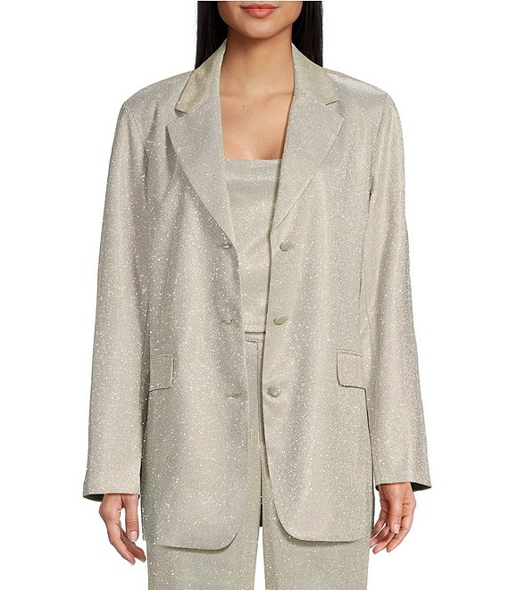 Color:Eggshell - Image 1 - Coordinating Metallic Oversized Button Front Blazer