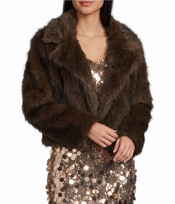 GB Notch Collar Faux Fur Coat, Brown - Image 1
