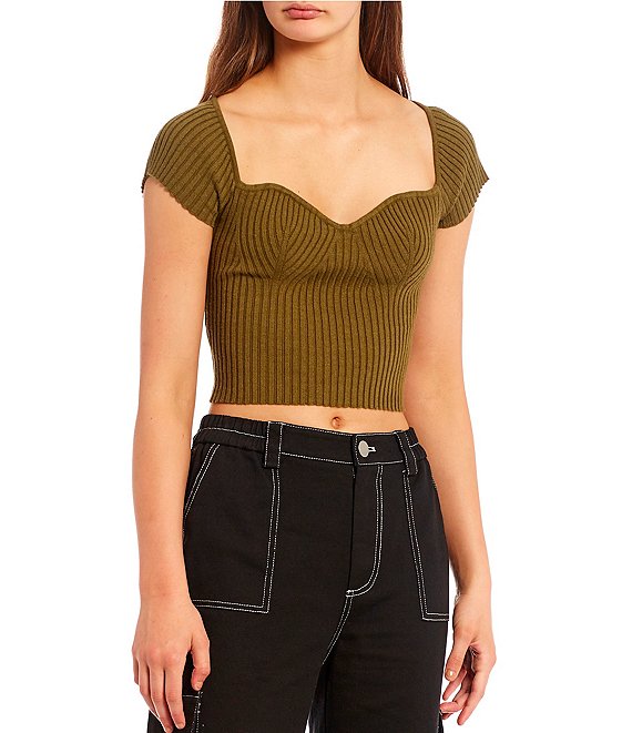 Color:Brown - Image 1 - Ribbed Sweater Knit Sweetheart Neck Cropped Top