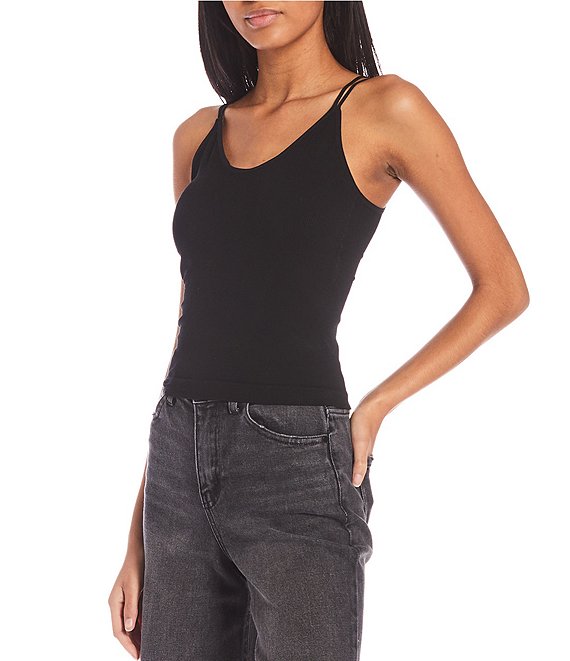 Color:Black - Image 1 - Juniors Ribbed Scoop Neck Double Spaghetti Strap V-Back Cropped Tank Top