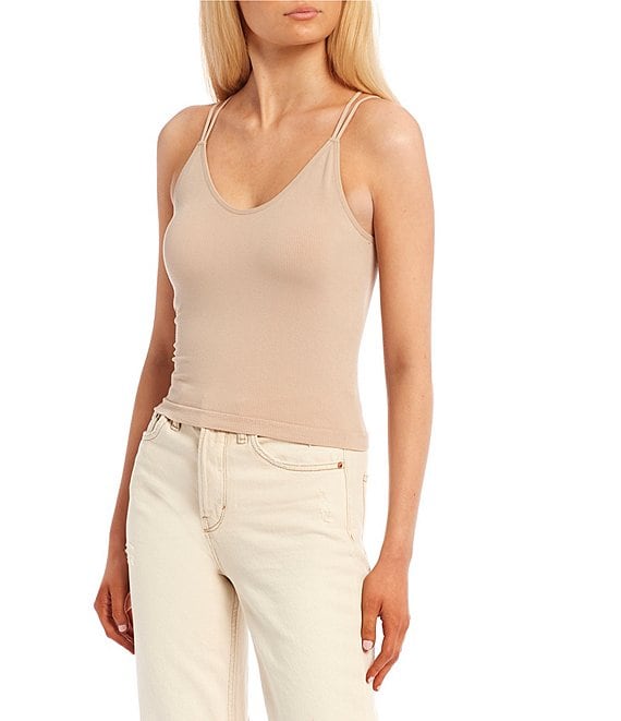 Color:Sand - Image 1 - Juniors Ribbed Scoop Neck Double Spaghetti Strap V-Back Cropped Tank Top