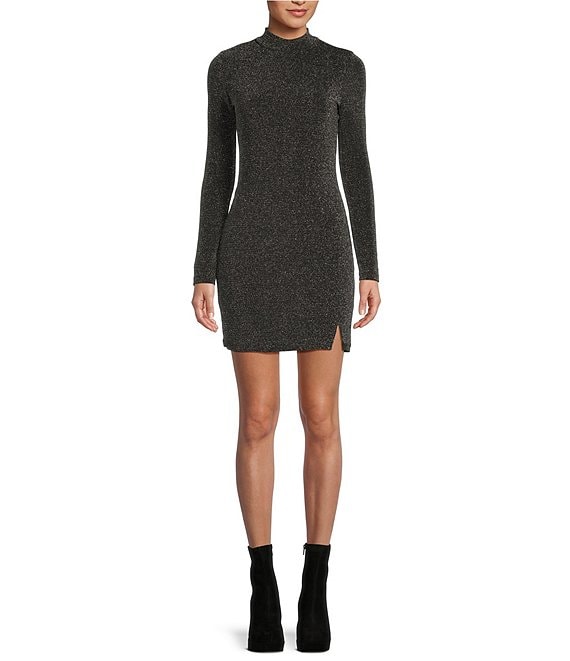 Color:Charcoal Silver - Image 1 - Shimmer Knit Long Sleeve Mini Dress