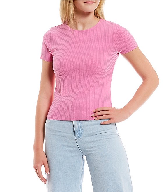 Nine West Womens Medium Pink Soft Spun Ribbed Short Sleeve T Shirt