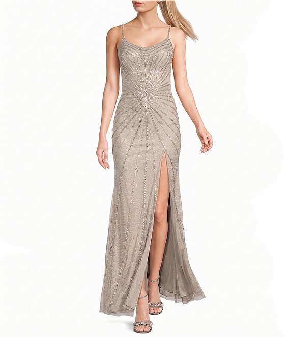 GB Sleeveless Scoop Neck Illusion Back Slit Hem Beaded Glitter Long Dress