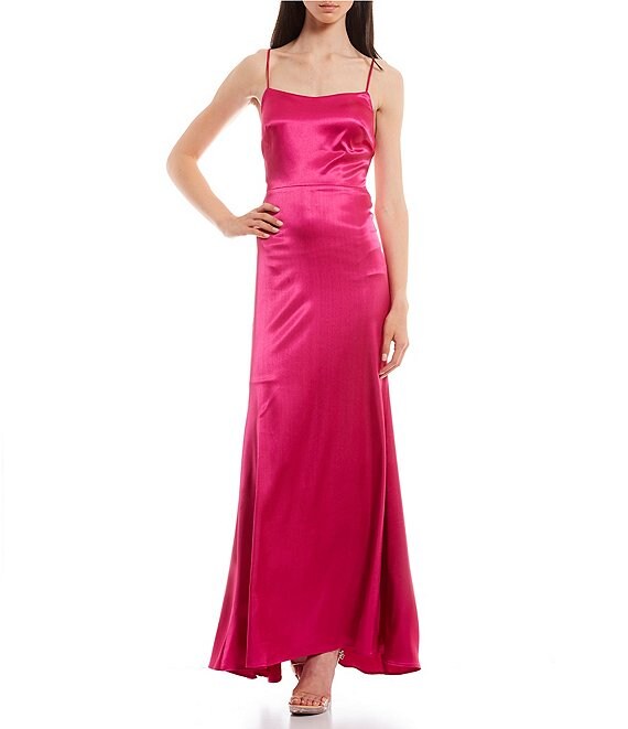 Color:Hot Pink - Image 1 - Social Spaghetti Strap Square Neck Lace-Up Ruched Back Satin Formal Gown