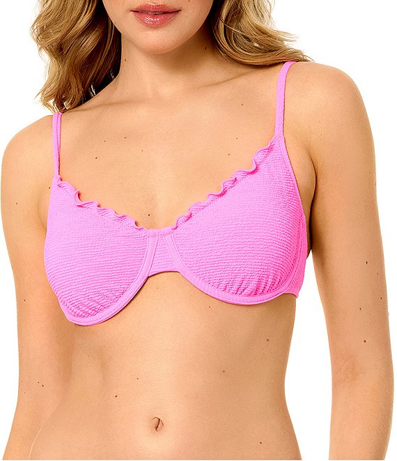 GB Solid Scrunchie Textured Lettuce Edge Underwire Bralette Swim Top