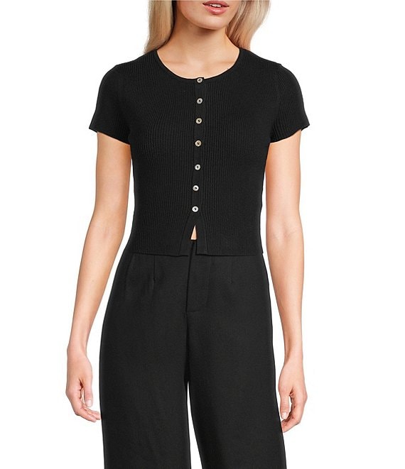 GB Solid Split Rib Crew Neck Short Sleeve Button Front Sweater Cardigan