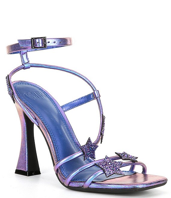 Color:Purple/Blue - Image 1 - Star-Struck Iridescent Rhinestone Star Strappy Dress Sandals