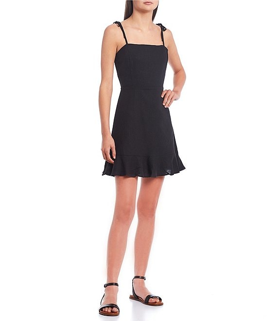 Color:Black - Image 1 - Tie Shoulder Square Neck Ruffle Hem Mini Dress