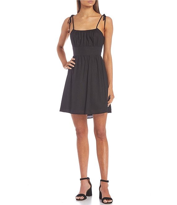 Color:Black - Image 1 - Tie Strap Open Back Ruched Mini Dress