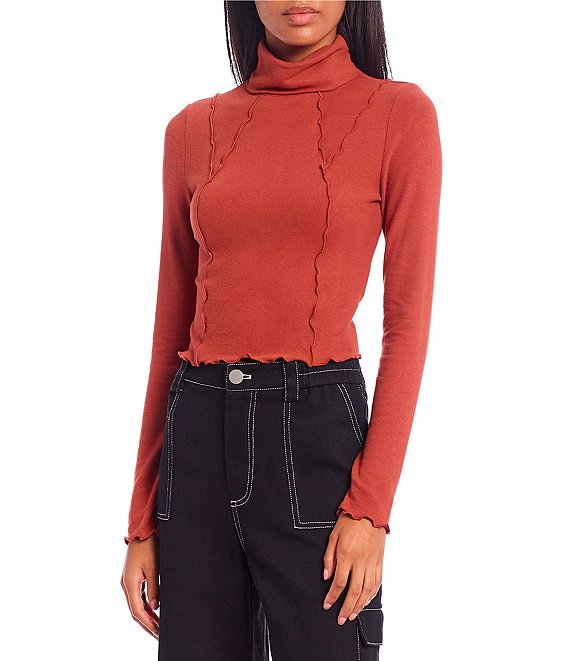 Color:Clay - Image 1 - Turtleneck Knit Lettuce Long Sleeve Sweater Top