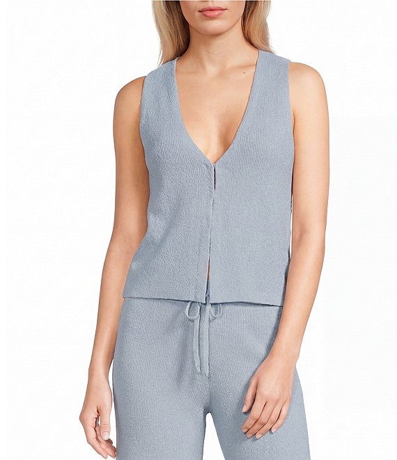 GB V-Neck Hook Front Coordinating Knit Sweater Vest, Dusty Blue - Image 1