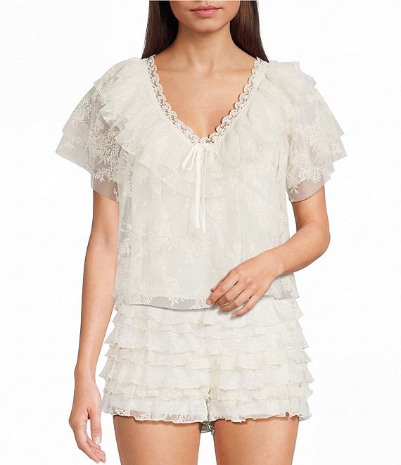 GB V-Neck Lace Embroidered Mesh Coordinating Blouse, Ivory - Image 1