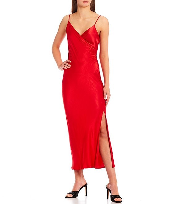 Color:Red - Image 1 - V-Neck Satin Wrap Midi Dress