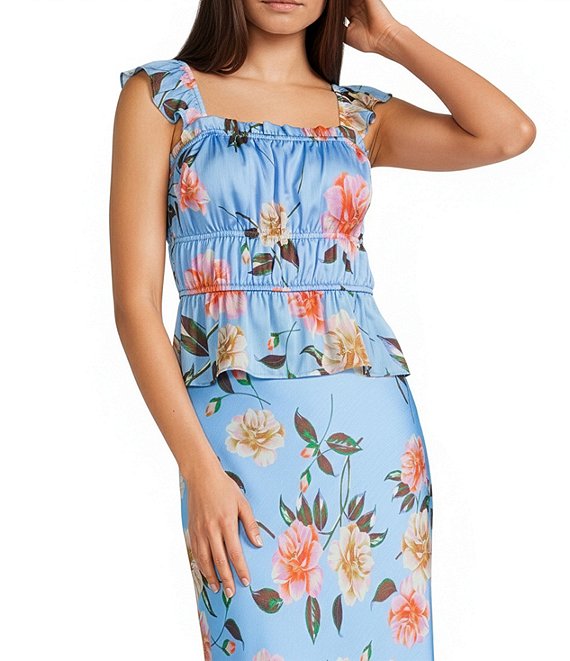 GB Woven Blue Floral Print Coordinating Satin Tank