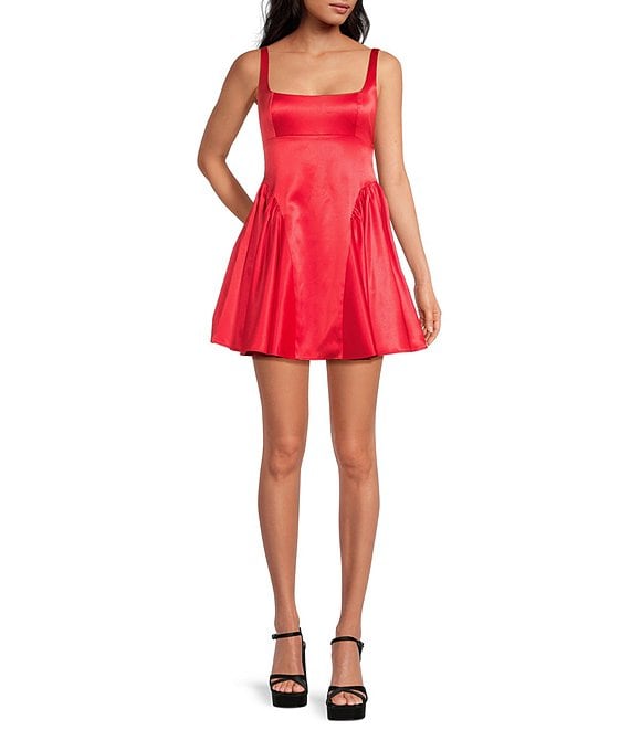 Gianni Bini Addison Satin Square Neck A-Line Drop Waist Mini Dress