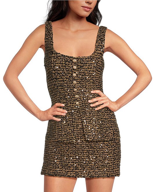 Gianni Bini Amara Sleeveless Button Front Square Neck Sequin Tweed Vest Top