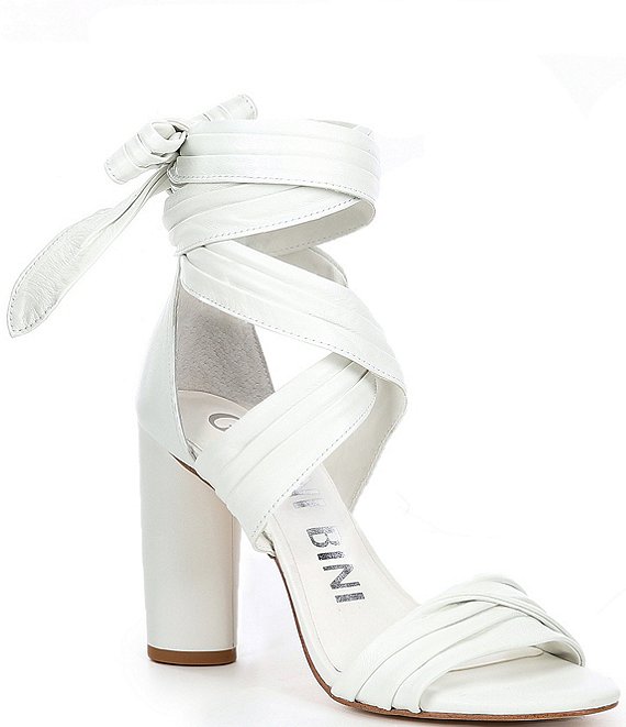 Color:White - Image 1 - Astraahh Leather Ankle Wrap Bow Block Heel Sandals