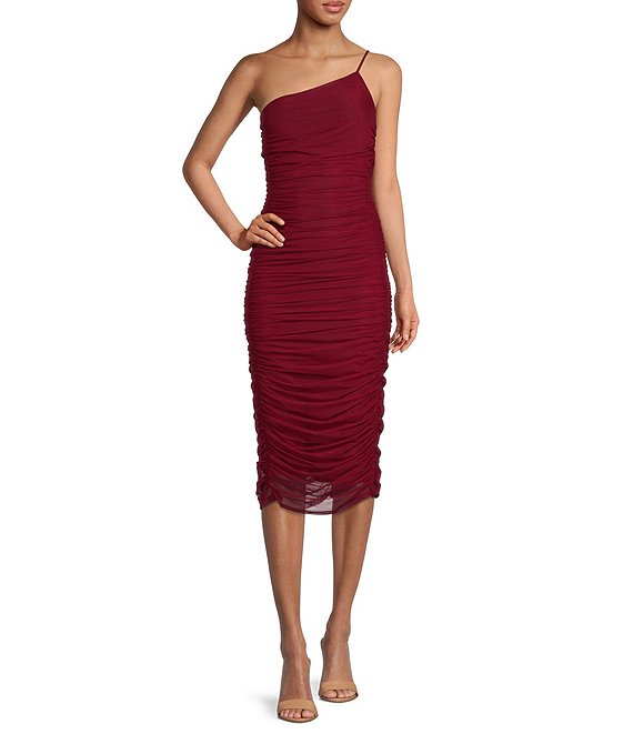 Color:Burgundy - Image 1 - Bella Mesh One Shoulder Ruched Midi Sheath Dress
