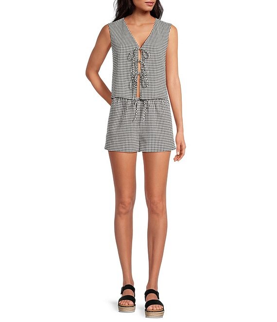 Gianni Bini Bree Gingham Print V-Neck Sleeveless Tie-Front Coordinating Tank