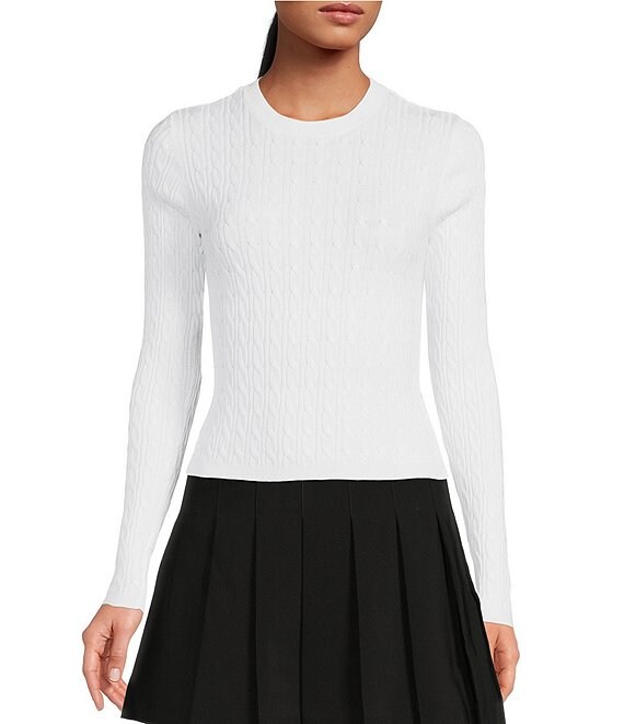 Color:White - Image 1 - Cable Knit Crew Neck Long Sleeve Sweater Top