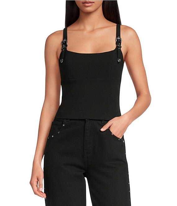 Gianni Bini Carrie Square Neck Buckle Strap Sleeveless Top, Black - Image 1