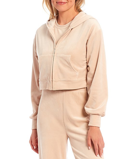Color:Champagne - Image 1 - Cathie Velour Long Sleeve Zip Up Cropped Hooded Coordinating Jacket