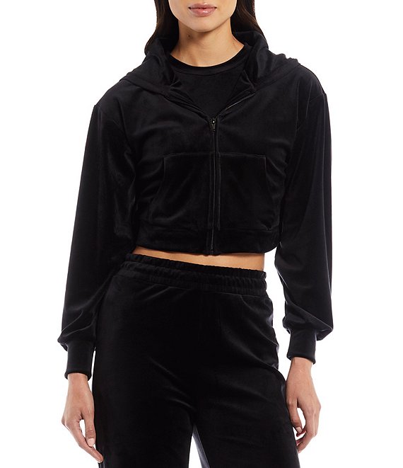 Gianni Bini Cathie Velour Long Sleeve Zip Up Cropped Hooded Coordinating Jacket
