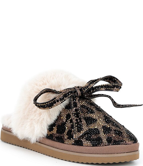 Gianni Bini Cheeree Leopard Embellished Rhinestone Bow Faux Fur Slippers