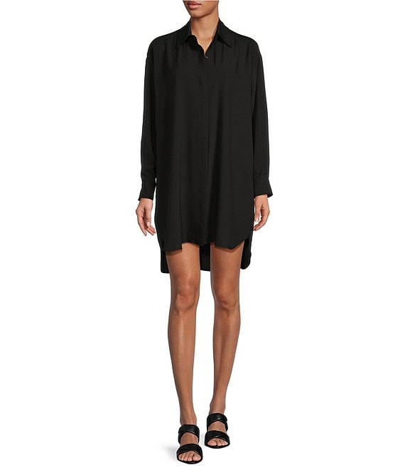Color:Black - Image 1 - Button Down Collar Long Sleeve Mini Shirt Dress