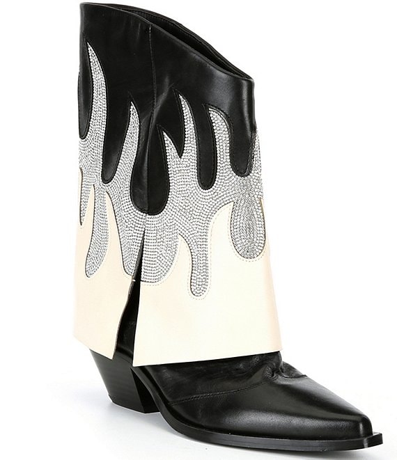 Color:Black/Silver - Image 1 - ConleyTwo Western Rhinestone Flame Foldover Boots