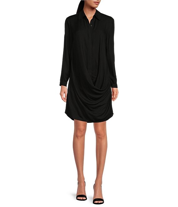 Color:Black - Image 1 - Daphne Long Sleeve Draped Collar Button Front Shirt Dress
