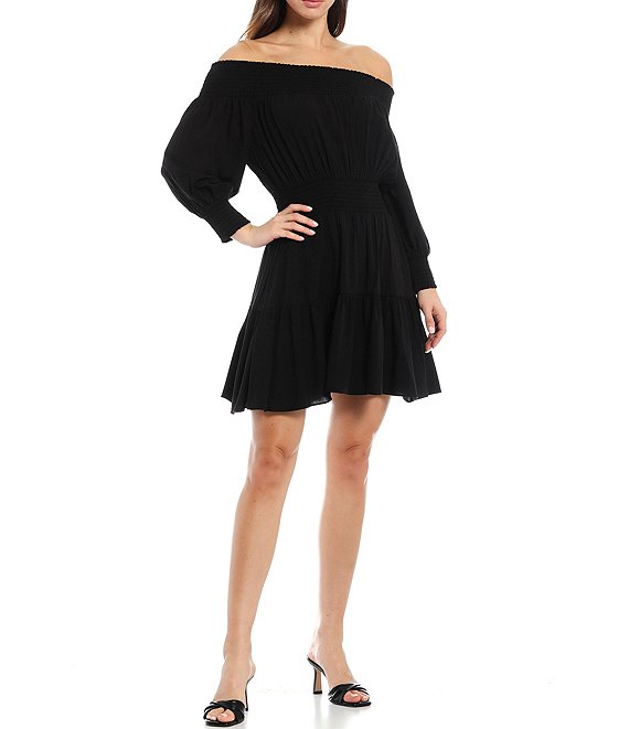 Color:Black - Image 1 - Ella Long Blouson Sleeve Off-the-Shoulder Smocked A-Line Dress