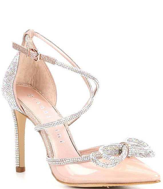 Color:Rose Gold - Image 1 - Ezlynn Clear Rhinestone Embellished Bow Pointed Toe Pumps