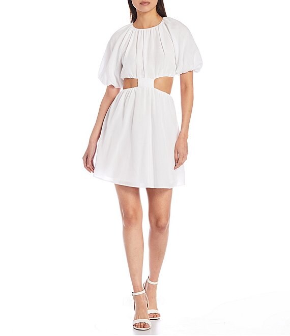 Color:White - Image 1 - Febe Round Neck Short Puffed Sleeve Cut-Out A-Line Dress