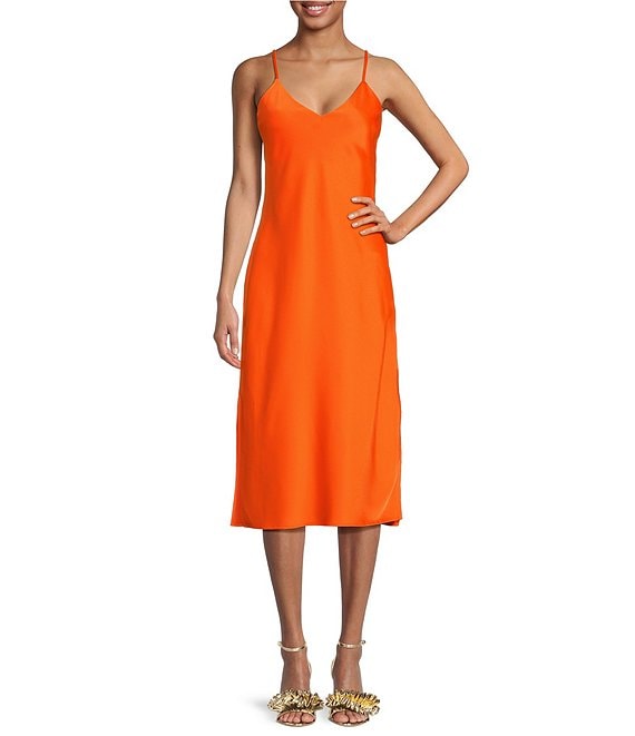Gianni Bini Harper Satin V-Neck Sleeveless Slip Midi Dress, Mandarin - Image 1