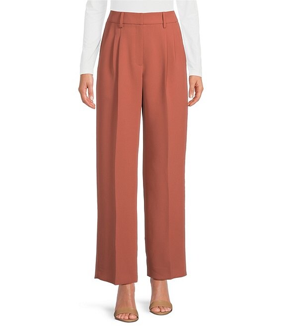 Color:Burnt Sienna - Image 1 - Hartley Crepe Pleated Straight Wide Leg Coordinating Pants