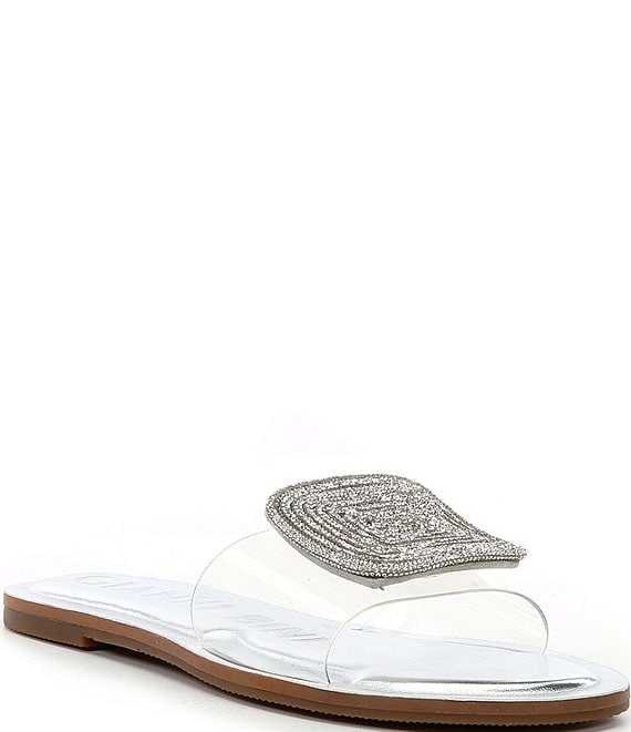 Gianni Bini Jaxx Clear Mismatched Rhinestone Ornament Flat Slide Sandals