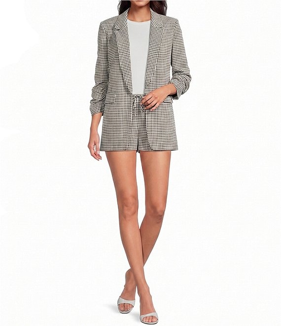 Gianni Bini Jemma Gingham Print Shawl Collar Ruched 3/4 Sleeve Coordinating Boyfriend Blazer